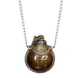 Chinese Tibetan Style Copper Turquoise Coral Snuff Perfume Pendant 30” Necklace